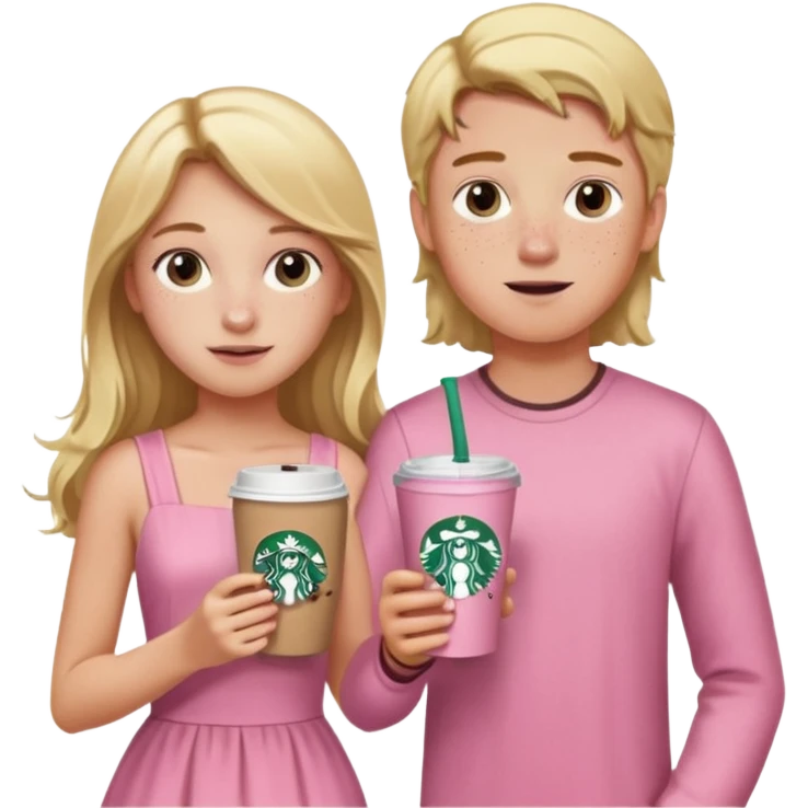 teenager girl and boy  blond w/ freckles long hair pink dress with starbucks emoji