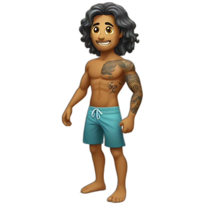 Un surfer tahitien avec les tatouages et debout sur sa  planche emoji
