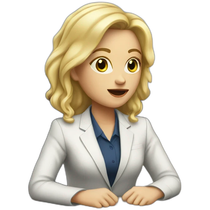 Blonde white woman wearing a suit sitting on the table telling the news towards the camera emoji