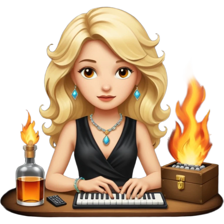 A sketchnote illustration rendered in a strong moody style, featuring a blonde woman with cascading gorgeous hair, a keyboard, a whiskey bottle, a key, a jewelry box, and fire elements against a black background. The lighting is low with low contrast, emphasizing dramatic shadows. emoji