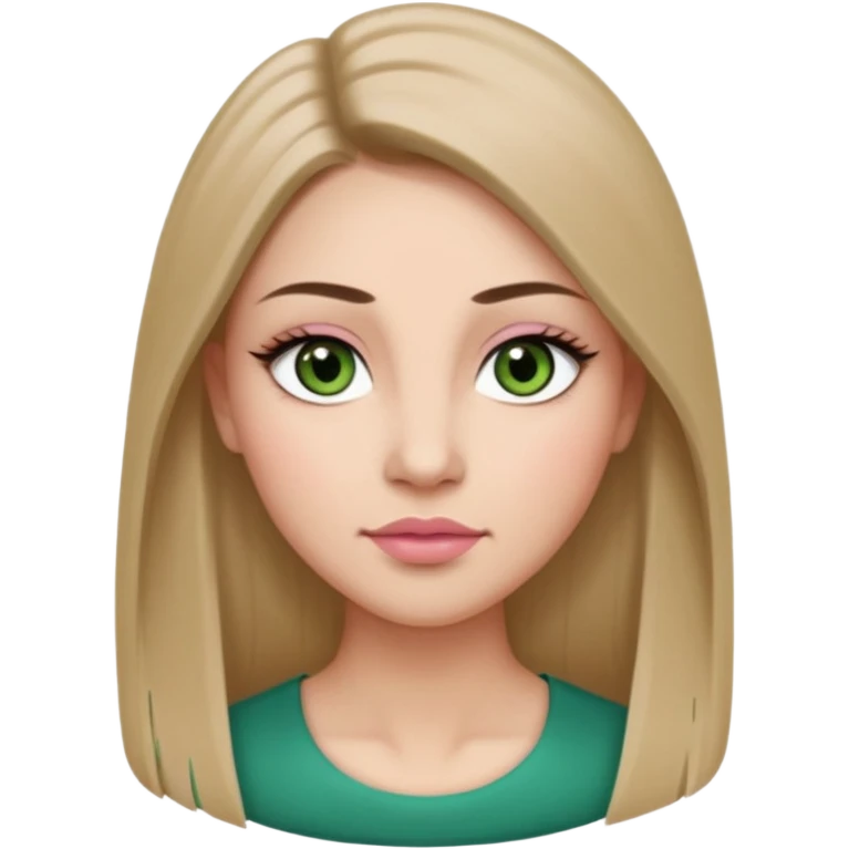 Adult woman avatar, light skin tone, oval face, long straight ash-brown hair, green almond-shaped eyes with dramatic eyelashes and minimal eyeliner, neutral mouth, medium straight eyebrows, small nose, natural pink lips, smooth skin with light natural blush emoji