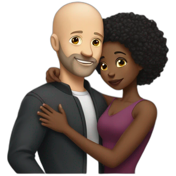 a hug from a black woman in a tight dress to a white man with no hair and a beard emoji