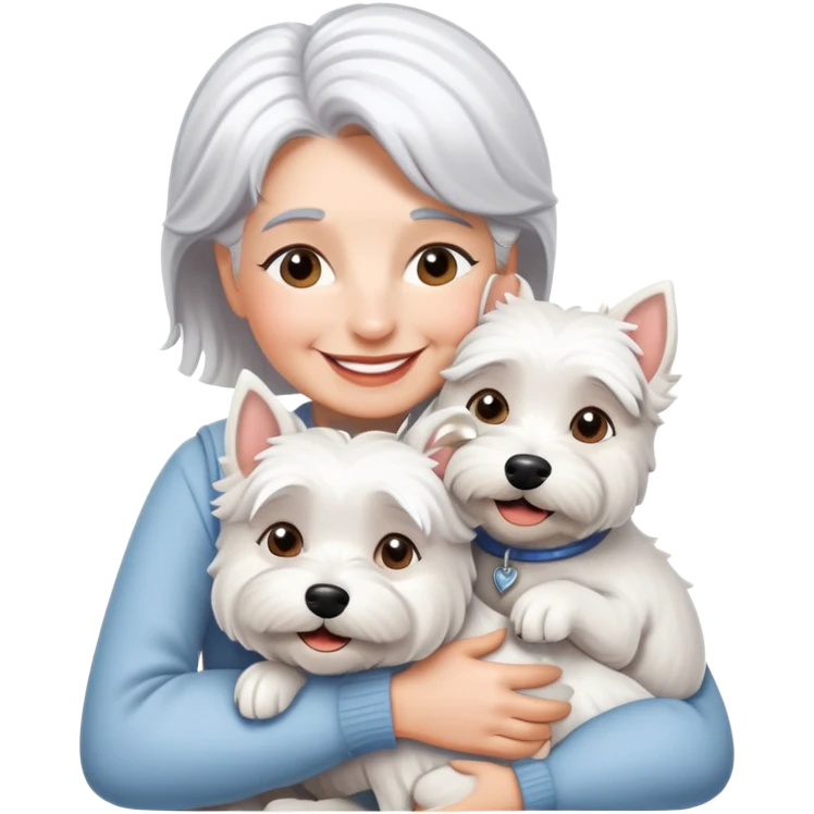 one silver-haired 60-ish lady smiling and hugging one westie emoji