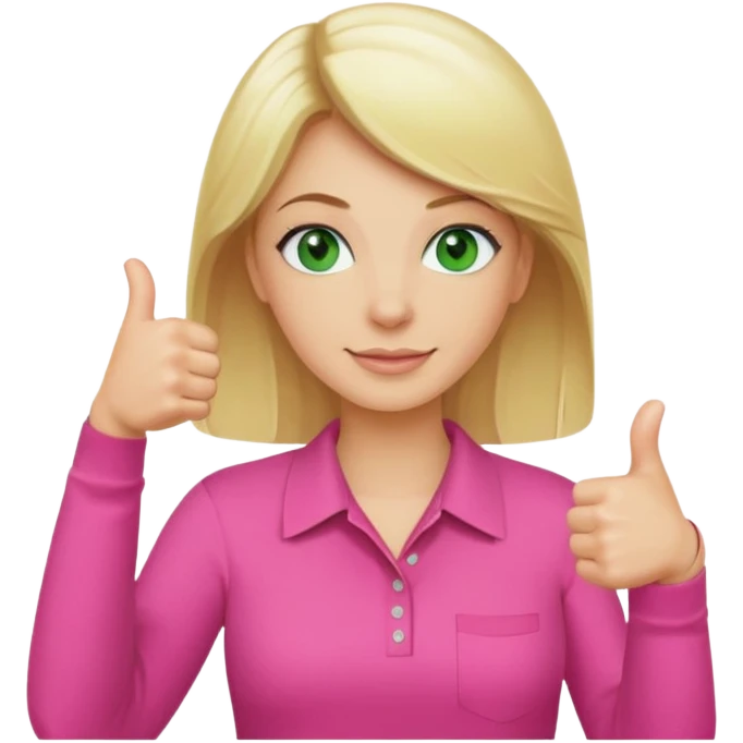 Blonde woman. Green eyes. Pink shirt. Both thumbs up  emoji
