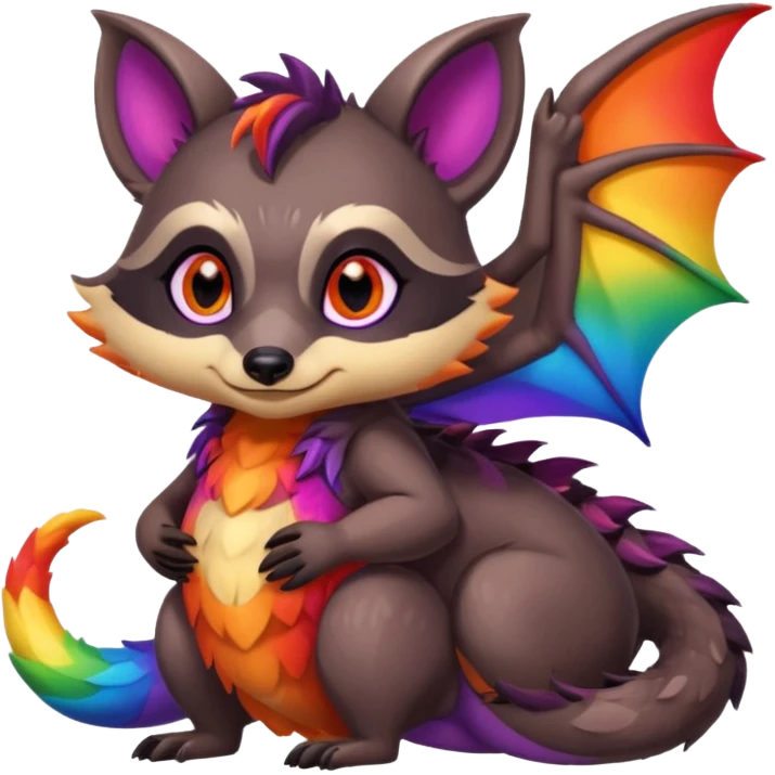 black female raccoon dragon hybrid with rainbow colored wings and purple eyes hugging red female raccoon dragon hybrid with rainbow colored wings and orange eyes emoji