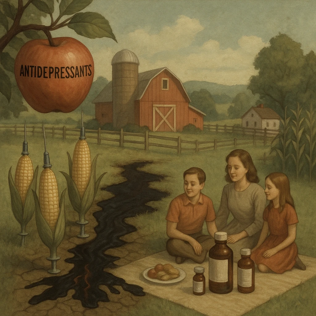 tranquil farm with apples labeled as antidepressants, corn cobs as syringes, oil-bleeding soil, a family picnics oblivious as their meal slowly becomes pharmaceutical bottles, serene scene with subtle horror undertone emoji