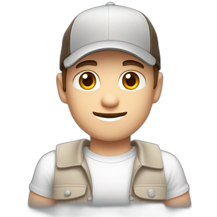 Pale skinned fit Man with dark brown hair in a light gray cap, dark brown jeans, brown polo and white T-shirt keeping a pasted with tape white box into his hands emoji
