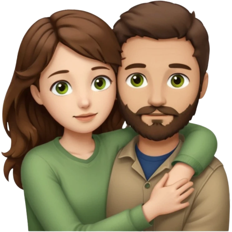 a man with short brown hair and brown beard with brown eyes and a girl with long brown wavy hair with green eyes, togheter. neutral clothes, hugged each other emoji