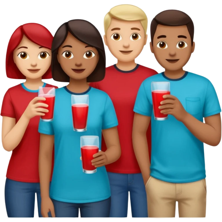 Two dozen adults in casual clothing with red, aqua and blue shirts with different drinks chatting at an afterwork meeting emoji