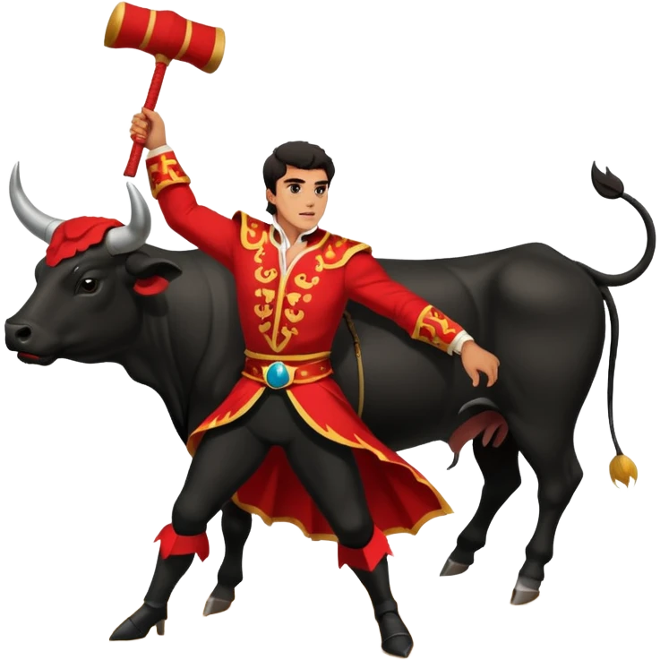 Create a realistic image of a traditional bullfighting scene in a Spanish arena.
Show a bullfighter (matador) HOLDING a red cape (muleta) not wearing one. as a powerful black bull charges toward it. emoji