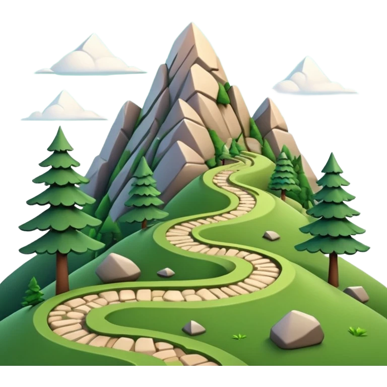 A 3D cartoon mountain trail winding up green slopes with stones and pine trees, distant peaks in background, warm daylight, Memoji-style.A 3D cartoon coiled climbing rope with a carabiner, golden color, resting on a rocky surface, realistic soft shadows, Memoji-style rendering. emoji