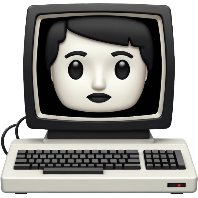 White and black 80s computer with face emoji