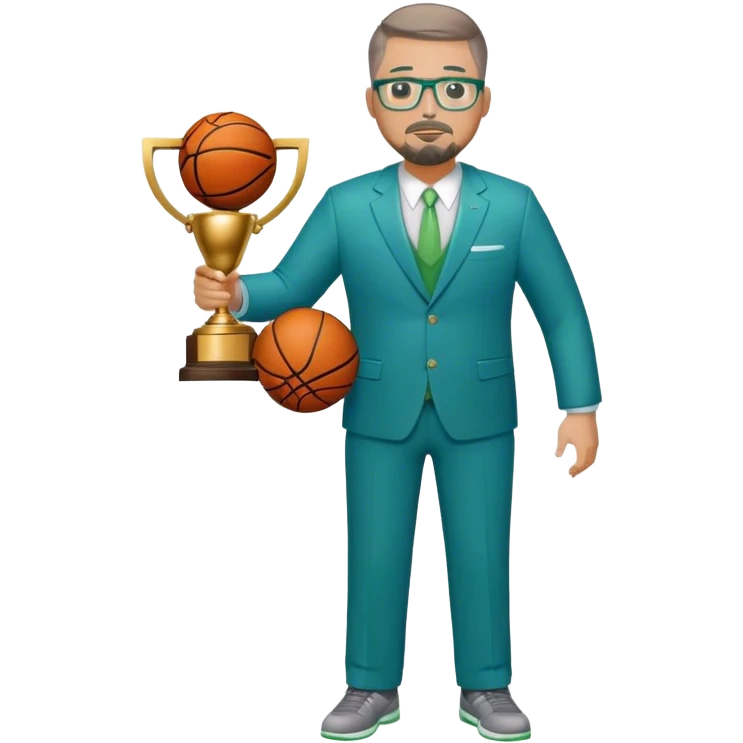 Full Body white plus size man  wearing glasses with a goatee with light brown and gray short hair basketball head Coach in blue and green suit holding trophy emoji