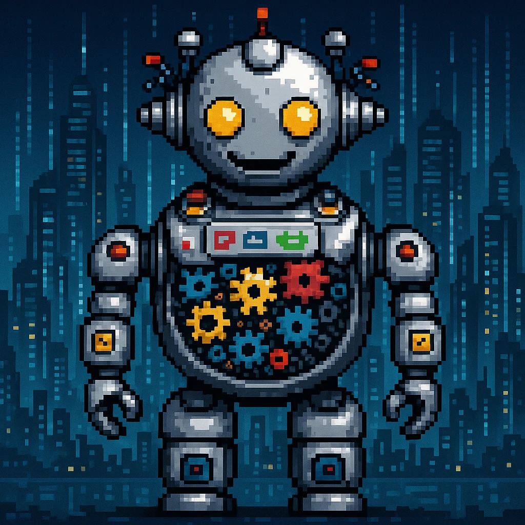 Add a futuristic city background, keep the robot with gears and data streams as the main subject, maintain pixel art style emoji
