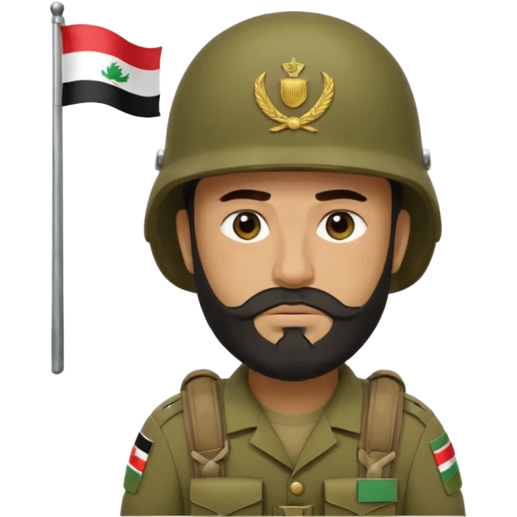 A tired, swarthy Iraqi soldier with a beard, an Iraqi flag on his helmet, a sad expression and bags under his eyes emoji
