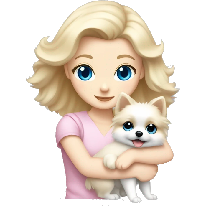 Blond girl white skin blue eyes hugging white Pomeranian with light pink bow emoji