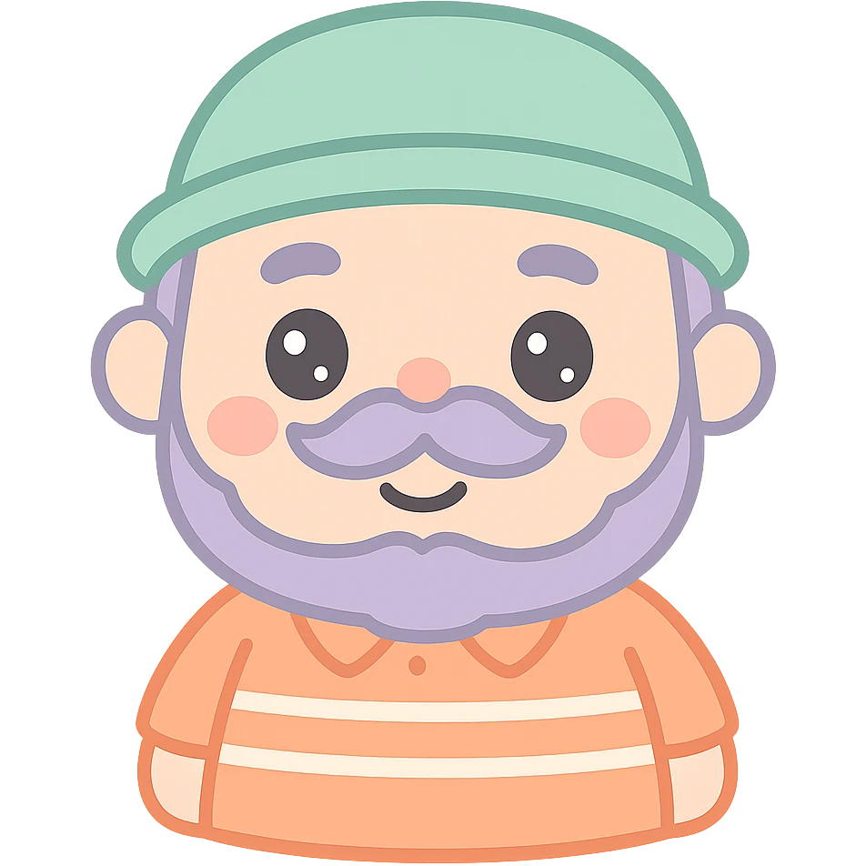 detailed and cute character with mustache, chubby, medium eyebrows, connected beard and mustache, wearing an orange shirt with white stripes, and a green grandpa hat emoji