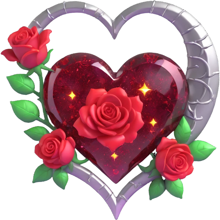 gothic heart made of ruby glass, silver crescent moon, glowing gold roses, holographic stardust, neon red lightning, wet and cracked glass emoji