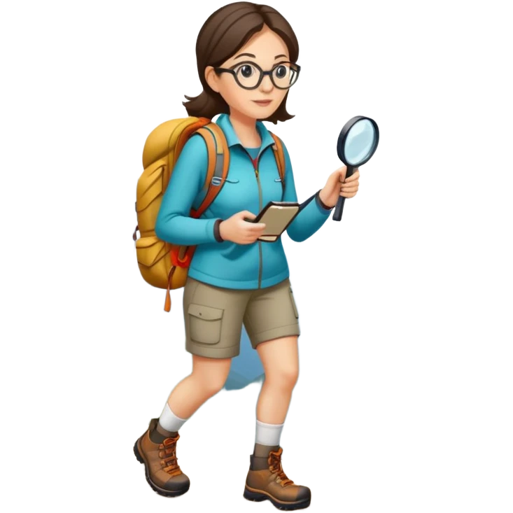 Woman in her 40s with glasses wearing sporty outfit, hiking boots, and backpack, holding a magnifying glass and looking curious emoji