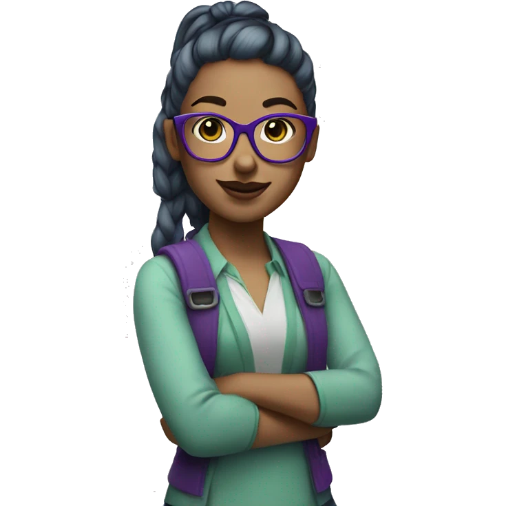 Nerd emoji, female, with green ponytail and purple glasses and blue eyes and pink lipstick emoji