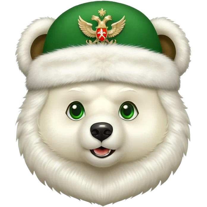 Happy Russian bear with bright green eyes, white fur ushanka hat with double-headed eagle insignia, cute facial expression emoji