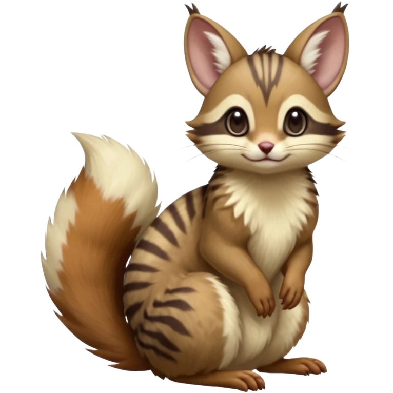 Brown-pointed, soft natural realistic romantic vintage antique divine beautiful elegant pretty precious cute young youthful  Fakémon-Pokémon-Furret-opossum-squirrel-feline-serval-caracal-chinchilla-Minccino-Cinccino-Meowstic-rodent-hybrid-creature with a big fluffy bushy tail (full body) emoji