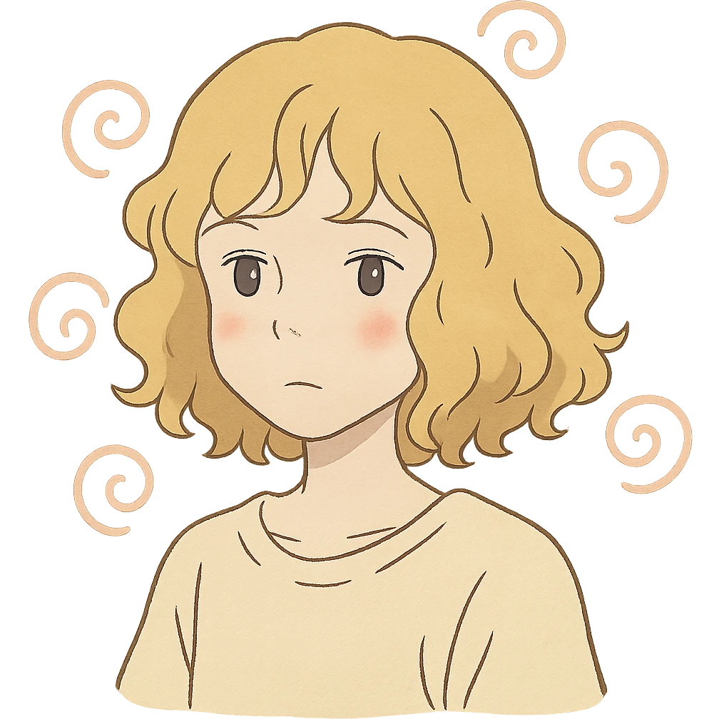 pale girl with curly medium-length blonde hair and baby pink swirls emoji