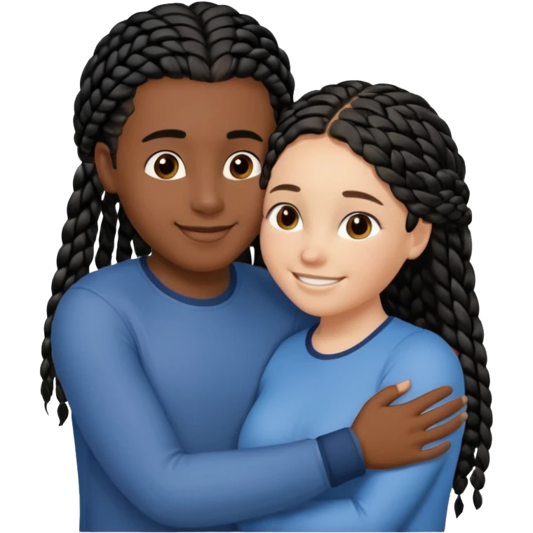 Dark black girl with black braids and tan white boy with curvy straight brown hair, they are hugging and smiling, and touching each other with their hands emoji