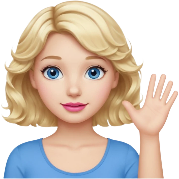 Girl Blonde short wavy hair,  blue eyes, cute blue top, long lashes, pink lips, waving hello  emoji