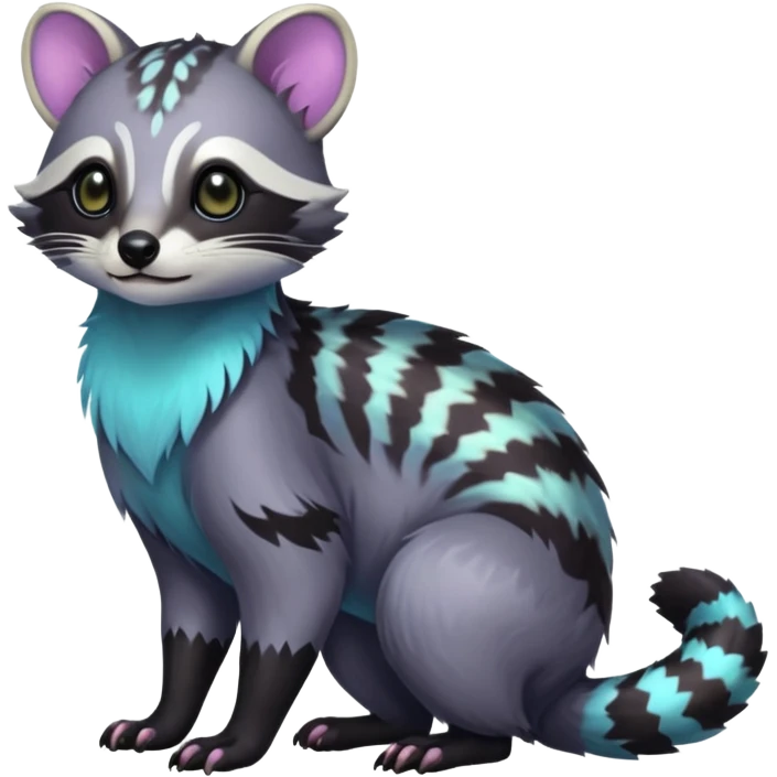 Colorful dark tropical iridescent pastel white glorious divine exotic cute cool beautiful shiny beautiful fantasy-civet-vernid-Cacomistle-Trico-oncilla-animal-Fakémon-hybrid-fursona (full body) emoji