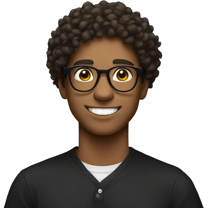 college student, fair skin, round glasses, big smile, curly hair, hinky eyes, black shirt emoji