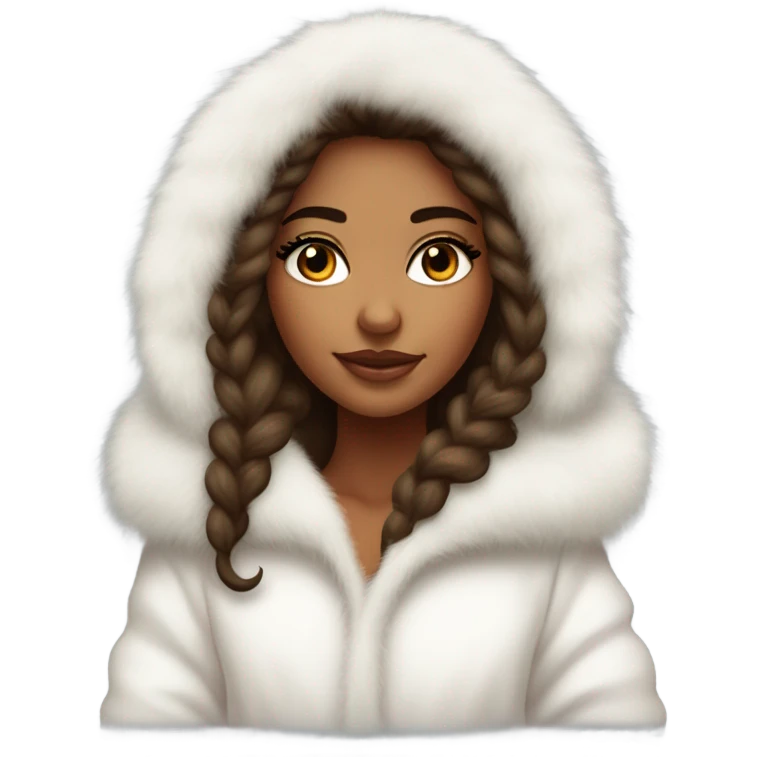 Tanned Girl with lashes ,  in an extremely big fluffy oversized white fur coat with hood on. The fur is real and it’s very obvious big and fluffy like in Pinterest  emoji