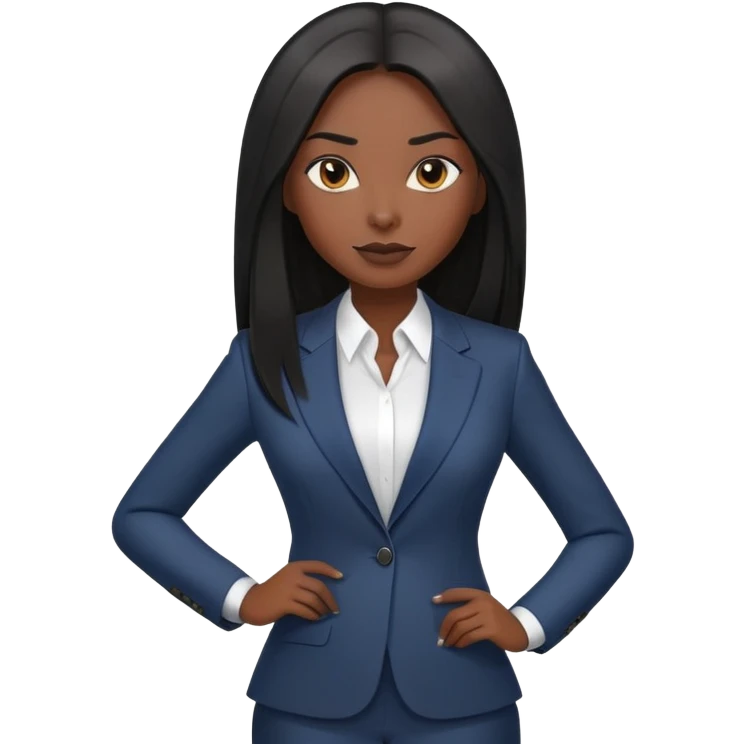 Confident African businesswoman with straight long black hair, sleek professional look, wearing power suit emoji