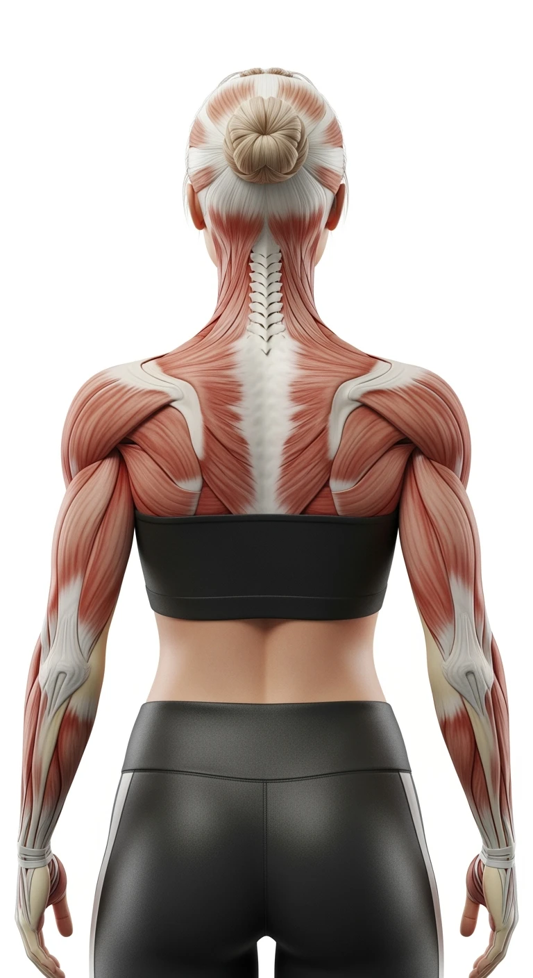 donna fitness di spalle con spina dorsale anatomica realistica in evidenza, sfondo bianco emoji