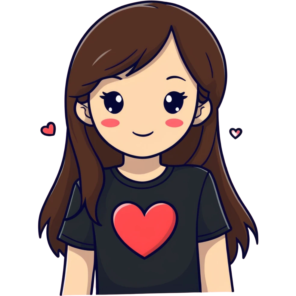 A girl with long brown hair, wearing a black T-shirt and many hearts  emoji