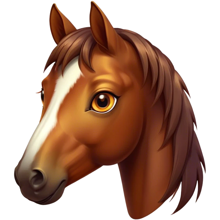 Cinematic Cute Bay Horse Portrait Emoji, Head tilted playfully and inquisitively, showcasing a glossy bay fur with a vibrant sheen and expressive amber eyes filled with curiosity, Simplified yet irresistibly adorable features, highly detailed, glowing with a warm, friendly glow, high shine, affectionate and spirited, stylized with a touch of whimsy, bright and endearing, soft glowing outline, capturing the essence of a mischievous yet loving horse, so playful it feels like it could prance out of the screen and into your arms! emoji