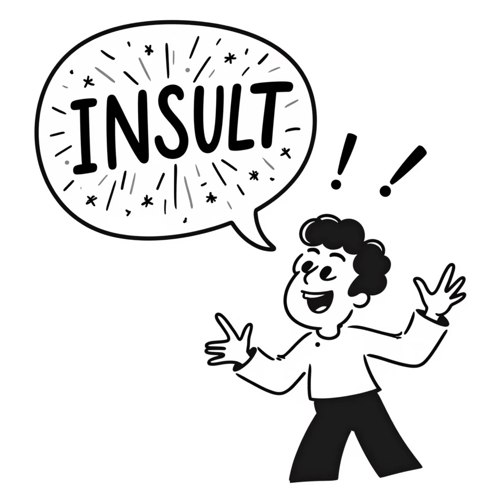 hand drawn doodle of a person shouting 'INSULT' in a chaotic speech bubble emoji