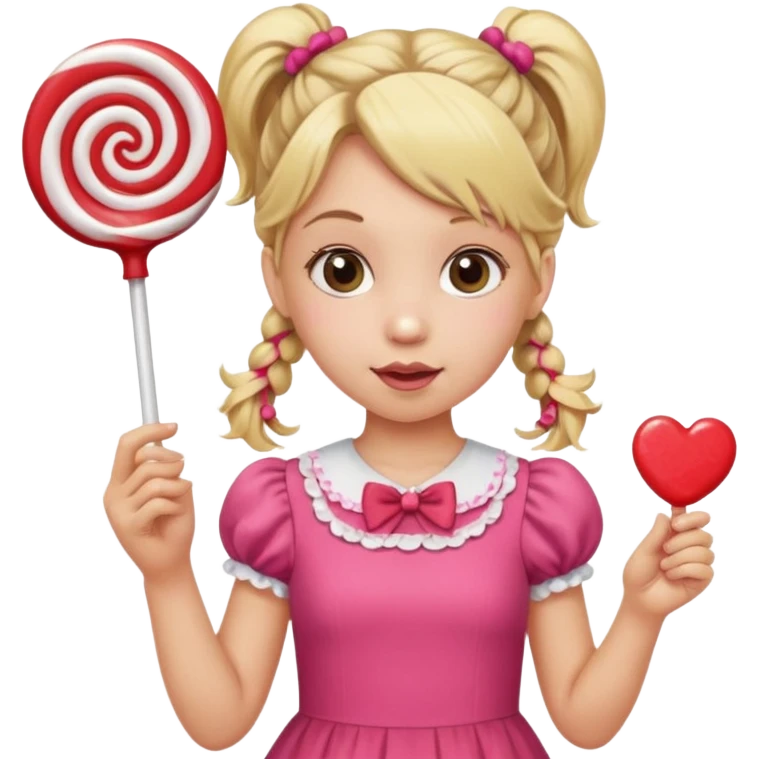A girl with blond pigtails in a pink dress holding a lollipop emoji