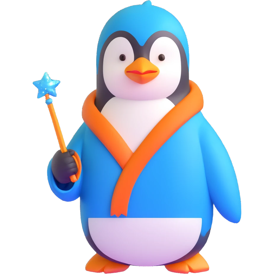 penguin wizard with a blue robe and sparkly wand emoji