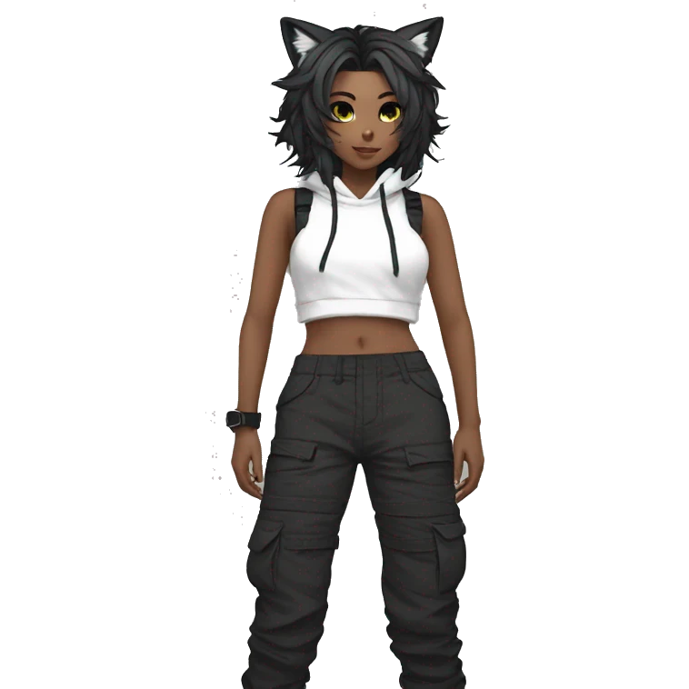 Edgy anthro beautiful pretty anime punk tomboy with cat ears techwear cargo pants hoodie emoji