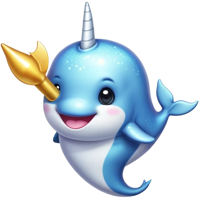 Cinematic Cute Narwhal Portrait Emoji, Head tilted playfully and inquisitively, with a glossy, shimmering body highlighted by its iconic tusk and sparkling eyes filled with wonder, Simplified yet irresistibly adorable features, highly detailed, glowing with a warm, friendly glow, high shine, affectionate and lively, stylized with a touch of whimsical charm, bright and endearing, soft glowing outline, capturing the essence of a mischievous marine marvel that feels like it could frolic out of the screen into your heart! emoji