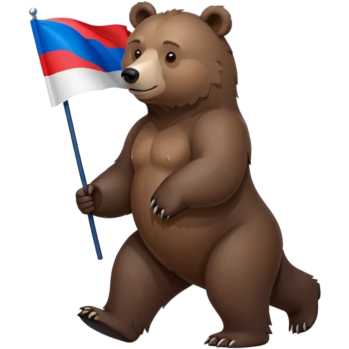 Darker brown grizzly bear walking on four paws with Russian flag (white, blue, red) on its back, natural pose emoji