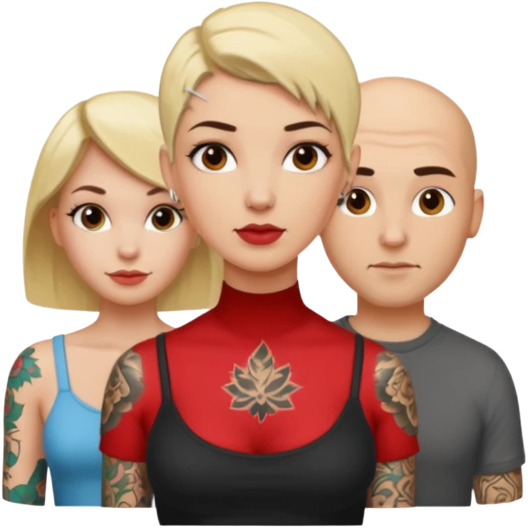 throuple blonde femaleand brunette female with bald tattooed male emoji