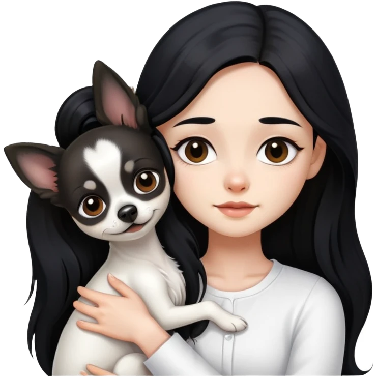 Fair skin girl - long black hair - white clothes - hugging a black long hair chihuahua emoji