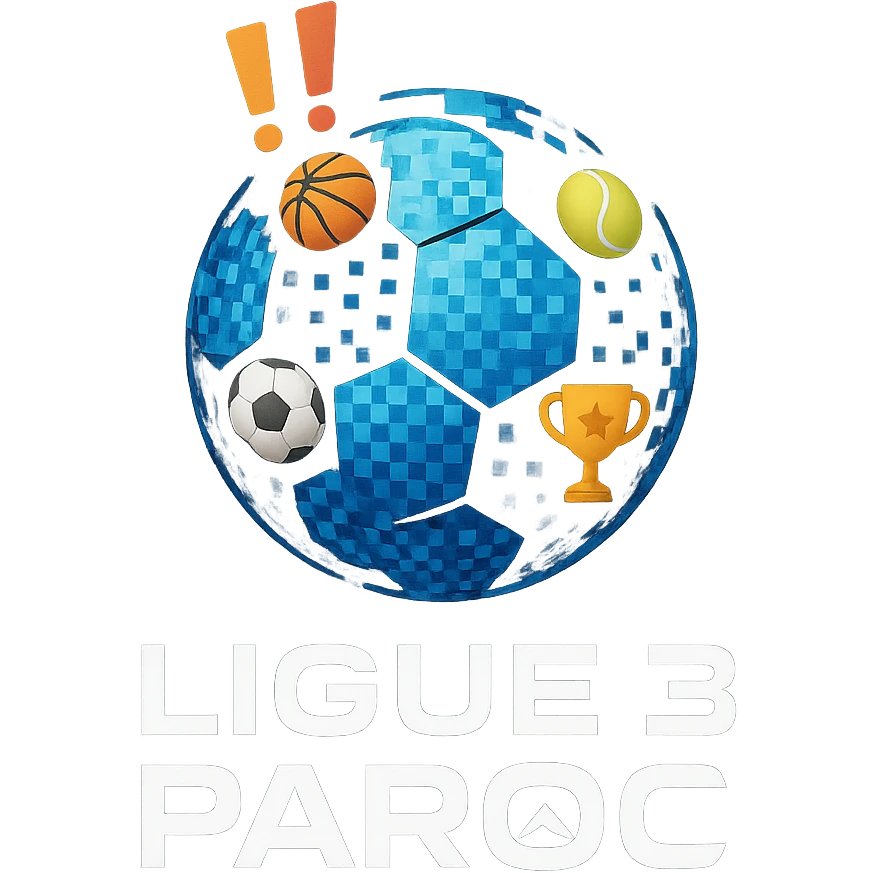 Le logo présente un ballon de football moderne, stylisé en forme de globe digital composé de petits pixels ou emojis sportifs, symbolisant l’alliance entre sport et numérique. Deux points d’exclamation "!!" dynamiques, en biais et colorés, sont placés en haut à gauche du ballon comme un emblème, évoquant l’intensité et l’enthousiasme de la ligue.

En dessous, le nom "Ligue 3 Paroc" est écrit en lettres audacieuses, avec une typographie sportive mais légèrement futuriste. Le mot "Paroc" est accompagné de son emblème discret (ex. : une petite montagne ou vague, selon l'identité visuelle de Paroc Sport). emoji