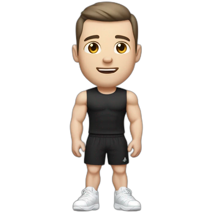 Pale skinned Fit Man With the biceps and dark brown hair in black shirt, gray sports shorts and white Sneakers emoji