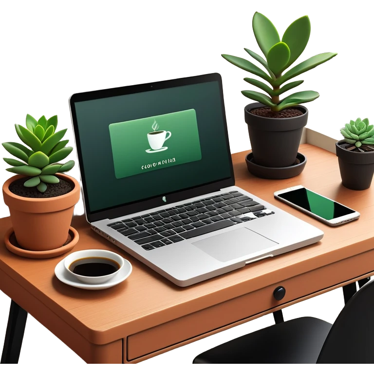 A tidy desk with a laptop, a steaming cup of coffee, and a small green potted plant, showing an organized and inspiring workspace emoji