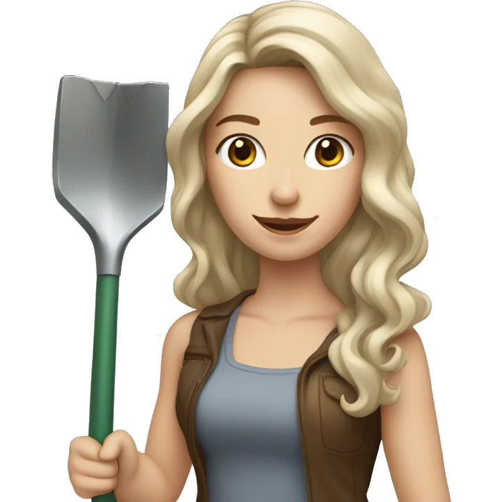 Woman holding one metal shovel with pale skin and hair brown highlights long wavy emoji