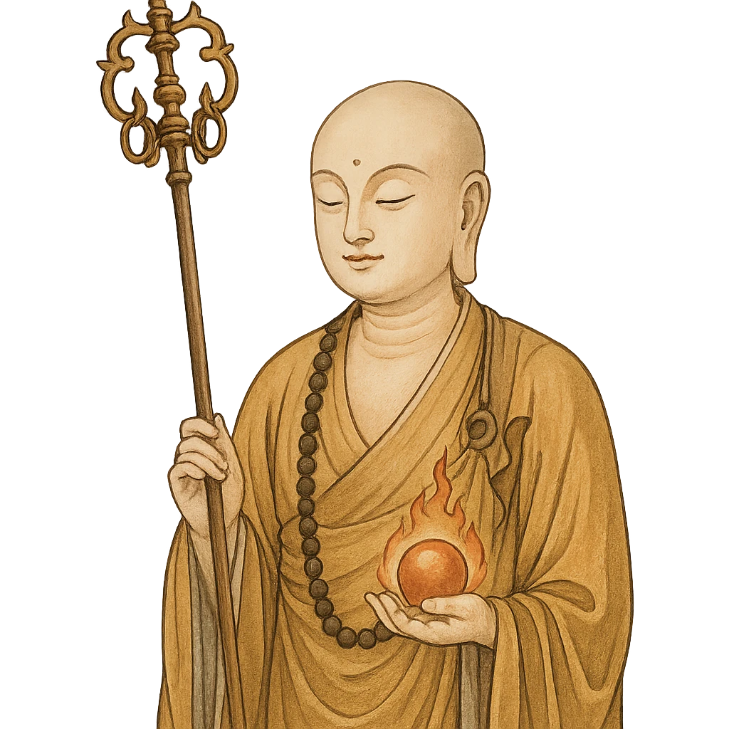 Kṣitigarbha bodhisattva, gentle face, monk's robes, holding a staff and wish-fulfilling jewel, spiritual and serene, East Asian Buddhist iconography emoji