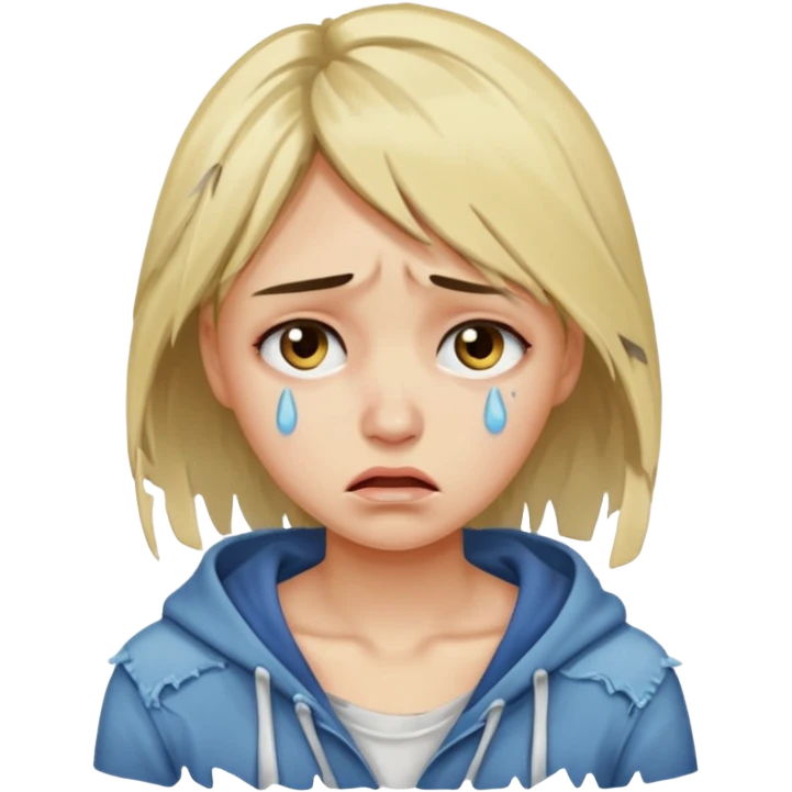 Mulher jovem chorando muito com as roupas rasgadas emoji